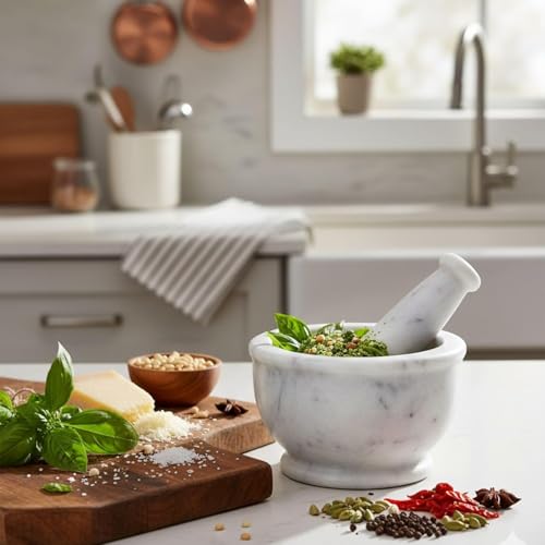 Image of B.R. & Sons 4 Inch White Marble Mortar and Pestle Set | Stylish Imam Dasta, Ohkli Musal for Spices & Herbs - Available in Various Shapes & Colors (WHITE POLISHED 4 INCH)