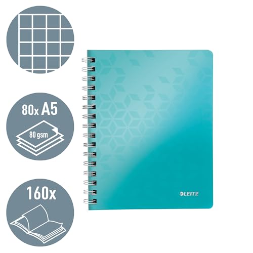 Leitz WOW Collegeblock A5 kariert, 160 Seiten, 80 Blatt FSC-zertifiziertes Papier 80 g/m², Doppelspiralbindung, PP-Einband, Notizbuch mit Sichthülle und Lineal, Für Büro oder Schule, Eisblau, 46410051