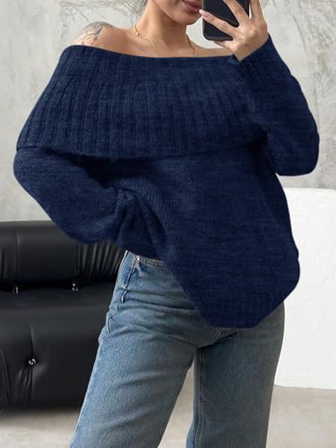 Image of Saodimallsu Womens Off The Shoulder Sweaters Oversized Long Sleeve Loose Ribbed Knit Fall Trendy Pullover Tops