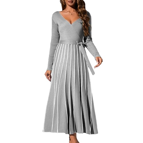 Damen 2025 Frühling Herbst V-Ausschnitt Wickelkleid, Langarm Strickkleid mit Bindegürtel, Hohe Taille A-Linien Midi Kleid, Casual Strickkleid Damen...