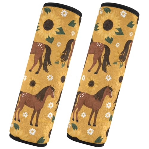 Seat Belt Covers 2 Pack Horses Yellow Sunflowers (2) Car Seat Strap Covers Super Soft Car Seat Neck Cover for Boys Girls Adults Babies S