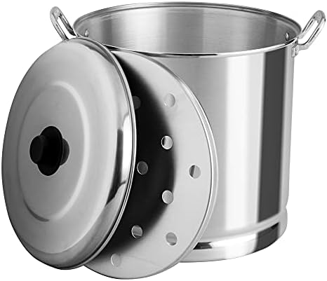 Vasconia – 32-Quart Steamer Pot (Aluminum) with Tray & Aluminum Lid for Most Stoves (Hand-Wash only) Large Stock Pot for Tamales, Steaming, Boiling & Frying - Makes Seafood, Pasta, Veggies & More
