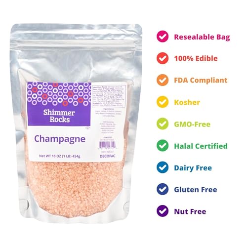 DecoPac Shimmer Rocks, Champagne Sugar Candy Decorations For Cakes, Toppings, and Cupcakes | Pink Crystal Sprinkles | 16oz Pack