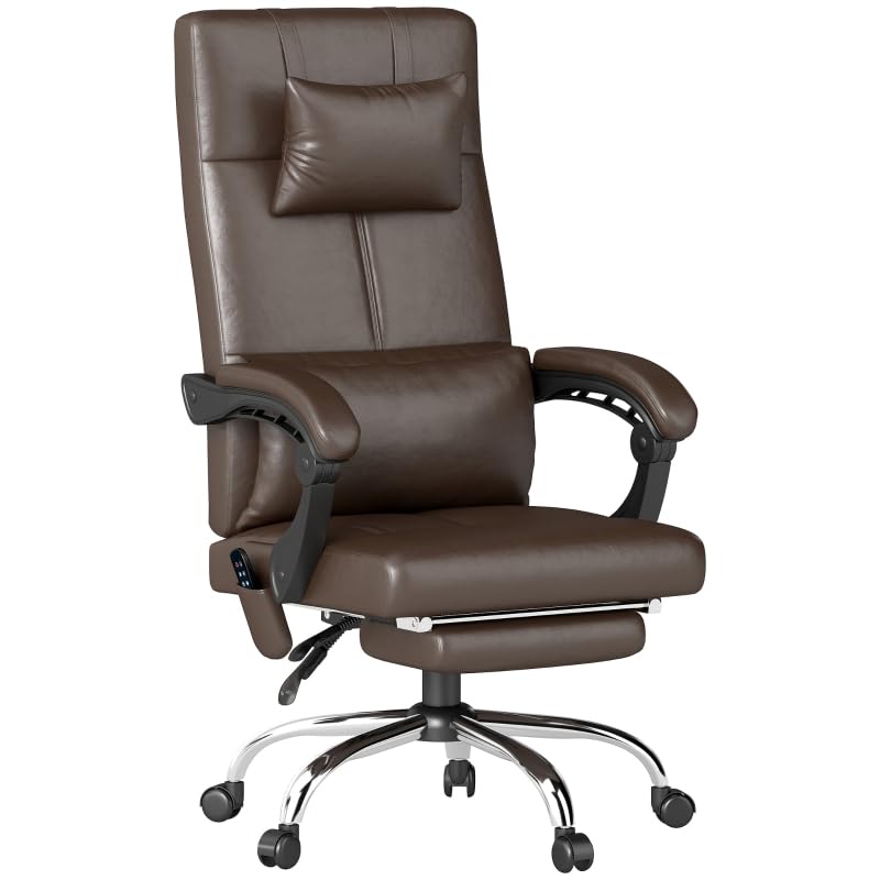 VSOGA Silla de oficina con función de masaje - Sillón ejecutivo ergonómico con calefacción, función reclinable, soporte lumbar y almohada, altura regulable con función basculante y reposapiés, café