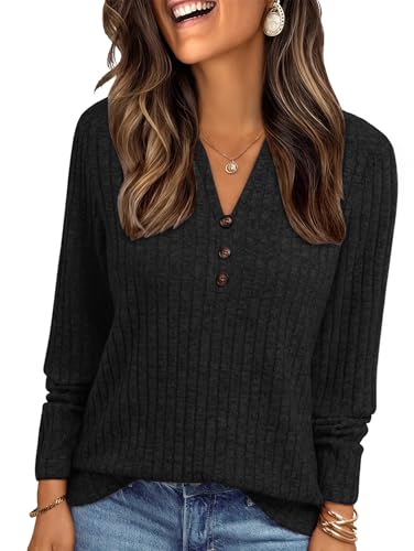 Famulily Womens Dressy Tunic Tops V Neck Knit Sweatshitrs Loose Fit Button Detail Lightweight Long Jumpers Black L