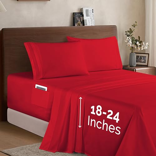 Elegant Comfort Luxury 1500 Premium Hotel Quality Microfiber 4-Piece Sheet Set - Soft, All Around Elastic 18-24 Inches Deep Fitted Sheet - Extra Deep Pocket Sheets, Queen, Red
