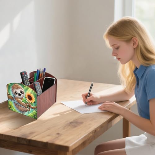 Image of Diamond Painting Wooden Desk Organizer, Sloth with Sunflower Design DIY Diamond Art Storage Box for Tabletop Decoration, Crystal Rhinestones Art Desktop Ornament Kit for Adults