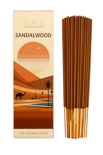 Dinil Sandalwood Incense Sticks, 100 Sticks, Hand-Rolled, Charcoal-Free, Low Smoke, Aromatic Incense for Meditation, Yoga & Home Fragrance