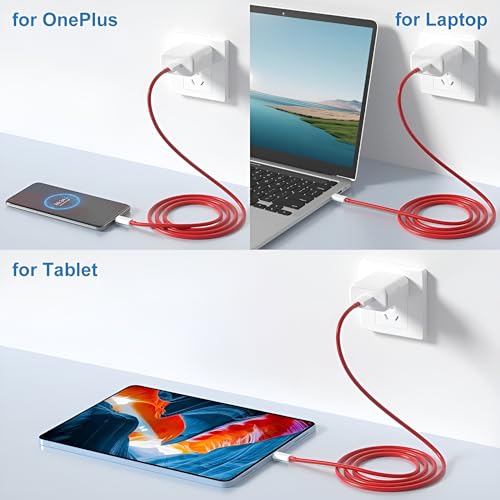 Image of Zybux 65W Supervooc USB Type C Charger Adapter with Red Cable Compatible with OnePlus 12R /11R /10 Pro /10T /10R /10 /9 Pro /9RT /8 Pro /8 /7 /6 /5 /Nord Ce 4 /Ce 3 /Ce 2 /Ce 2 Lite /Ce 3 Lite /Nord 4 /3 /2 /2T, White