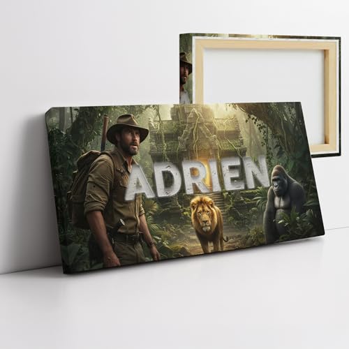 Cuadro personalizado nombre aventurero jungle safari deco habitación niño adolescente exploración animales salvajes león gorila regalo personalizado cumpleaños Navidad lienzo pared naturaleza aventura