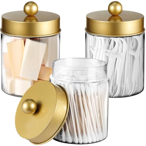 Komashr 3PC Farmhouse Decor Qtip Holder Apothecary Jars Bathroom Vanity Storage Organizer -Countertop Canister Container &Cute Stickers for Cotton Swab,Ball,Pad,Floss,Paper Clips (Gold,Plastic)