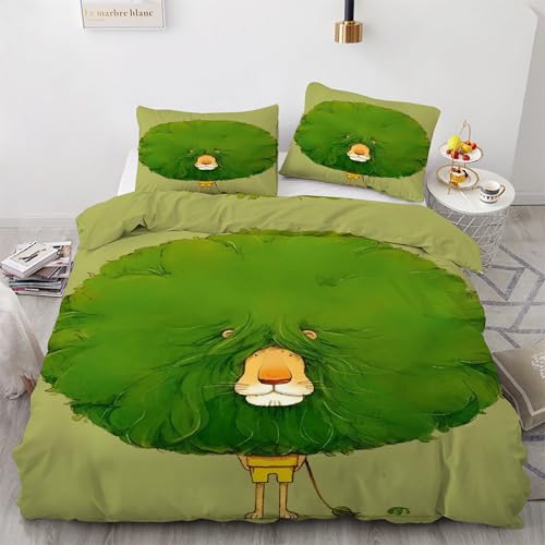 Housse de Couette 220x240 Lion au Design Graphique Soigné, Parure de Lit Vert Microfibre - 2