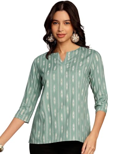 Image of Pinkmint Women's Printed Cotton Blend Short Kurti l All Over Printed V-Cut Neckline Casual Wear Tunic Top's l Ethnic Top's for Girls