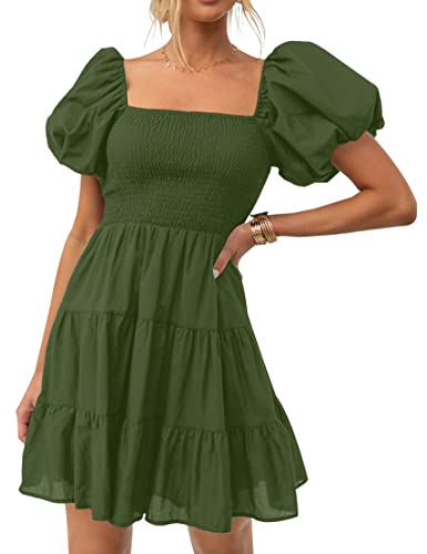 Image of ZESICA Women's Boho 2026 Summer Square Neck Puff Sleeve Off Shoulder Smocked Tiered Casual A Line Short Mini Dress