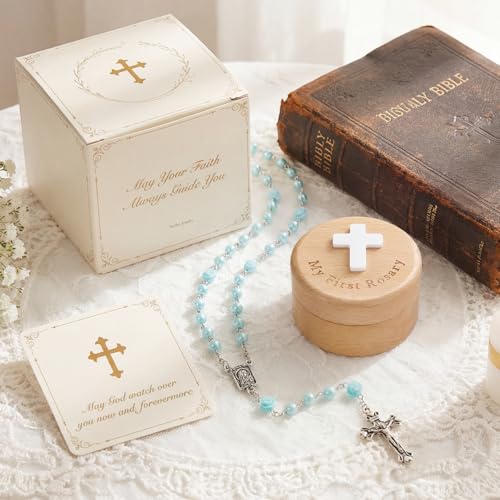 Image of NORBU Baptism Gifts for Girl, My First Rosary with Ceramic Keepsake Box, Rosary for Kids, First Communion & Baby Dedication Gifts for Newborn Baby Boys Catholic Christening Gift
