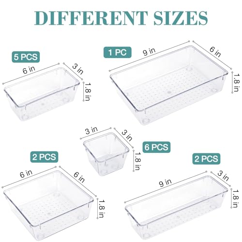 16 PCS Drawer Organizer Set, 5 Varied Size Bathroom and kitchen Drawer cabinet organizer Trays, Clear Storage Bins for Makeup, Jewelry, Utensils and Gadgets - Image 3