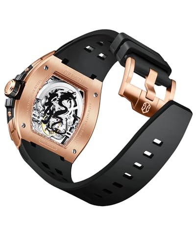 Image of OLEVS Rose Gold Black Watches for Men Automatic Tonneau Watch Skeleton Mechanical 50M Waterproof Sapphire Crystal Square Male Watches