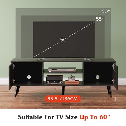 WLIVE Mid-Century Modern TV Stand for 55/60 Inch TV, Entertainment Center with Storage & Adjustable Shelves, Media Console with Soft-Close Cabinets for Living Room/Bedroom, Greige White - Thumbnail 5