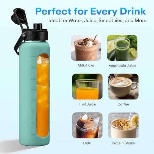 Image of Rioware Motivational Borosilicate Glass Water Bottle 1 Litre with Silicone Sleeve | Time Markings, Airtight, Leak-Proof BPA-Free Bottle For Fridge, Gym, Travel, Office & Home | Pack of 2- Blue-Green