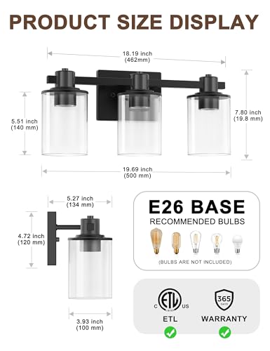 Image of L LOHAS LED 3-Light Black Bathroom Light Fixtures Over Mirror, Modern Matte Black Vanity Light with Clear Glass Shade, Vanity Lights for Bathroom Bedroom Hallway
