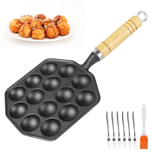 Hioph Cast Iron Griddle Pan, 14 Holes Takoyaki Pan with Detachable Handle, Takoyaki Maker with Brush, 6 Forks, Mini Pancake Maker for Induction Hob, Gas Hob