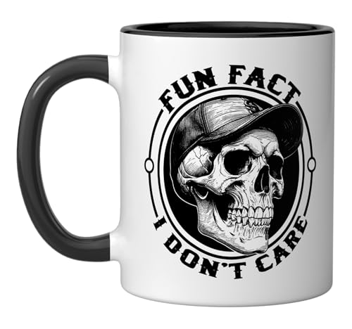 Funny Skeleton Fun Fact I Dont Care Sarcastic Humor Skull Ceramic Mug, Black/White