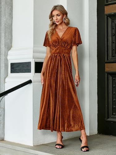 Image of Simplee Women's V Neck Velvet Maxi Dress Short Sleeve Empire Waist Long Formal Dress for Wedding Guest