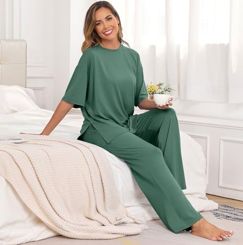Image of PrinStory Womens Pajamas Sets 2 Piece Lounge Set Short Sleeve Tops and Long Pants Soft Pjs Loungewear with Pockets