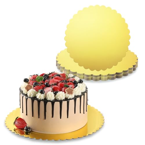 RAMFIYN 10 Pack 8 Inch Cake Boards Gold Cardboard for Birthday Wedding Party Decorating Round Base Stand for Dessert Pastries Disposable Grease Proof Plates for Cake DIY