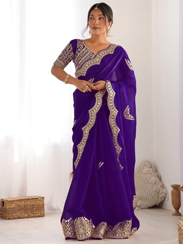 Image of Satrani Women's Tissue Silk Sequin Embroidery Scalloped Border Saree with Unstitched Blouse Piece