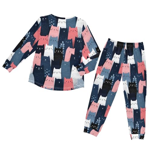 Cute Cats Pattern Print Soft Pajama Set for All Seasons,Breathable Pjs Long Sleeve Sleepwear,Comfy Loungewear 2 Piece Underwear Set 3T2
