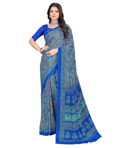 Sari pour femme en soie crêpe imprimée Vimla bleu taille Nica avec haut