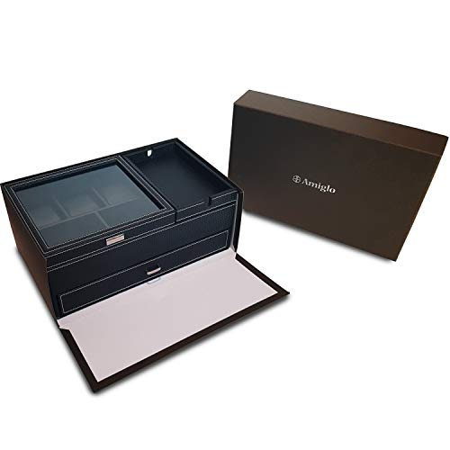 Amiglo Mens Dresser Valet Organizer With Charging Station, Nightstand Drawer Tray, Jewelry Accessories Watches Box, Carbon Fiber Design, Pu Leather (Luxury Black) #TOP6