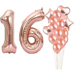 Partyzubehör zum 16. Geburtstag, Luftballons zum 16. Geburtstag, aus Rose-Gold, Zahl 16, Mylar-Ballon, Latex-Ballon…