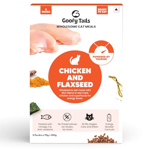 Goofy Tails Chicken and Flaxseed Wet Cat Food and Kitten Food, 350g (70g X 5 Pouches), Preservative Free, Gluten & Grain Free, Balanced Cat Wet Food, Powered by Taurine with Omega 3 & Antioxidants