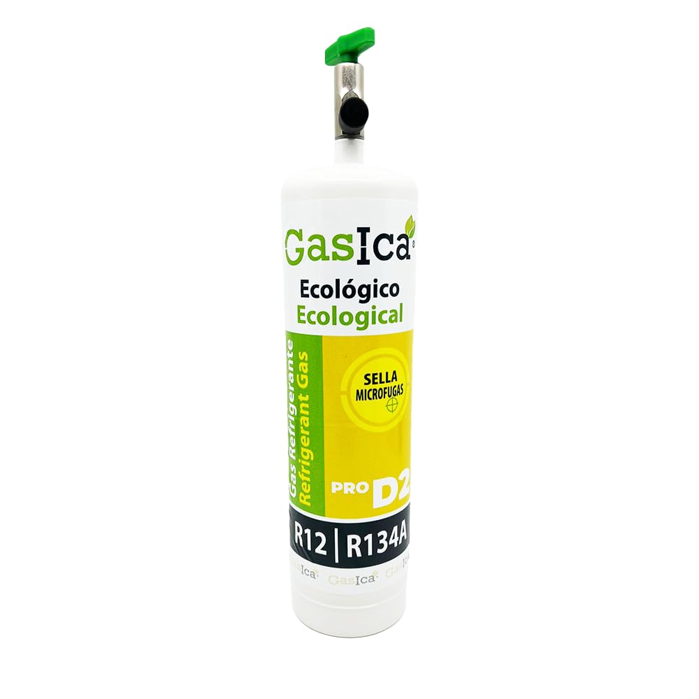 Gas Refrigerante Ecológico Orgánico GASICA D2 PRO Compatible con R134A y R12 – Envase de 900 g Equivalente con Válvula Incluida - Recarga el aire acondicionado de tu coche