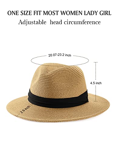 Sun Straw Beach Summer Hats For Women With Uv Protection Wide Brim Fedora Panama Packable Hat For Travel (Khaki) #TOP6