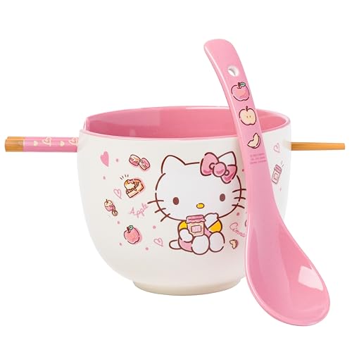 Silver Buffalo Sanrio Hello Kitty Apples and Cinnamon Ceramic Ramen Noodle Rice Bowl with Chopsticks and Spoon, Microwave Safe, 20 Ounces