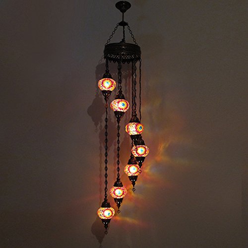 Woodymood Hanging Ceiling Spiral Mosaic Lamps, Handmade, Turkish, Moroccan, Brass&Glass 7 Ball (Flame)