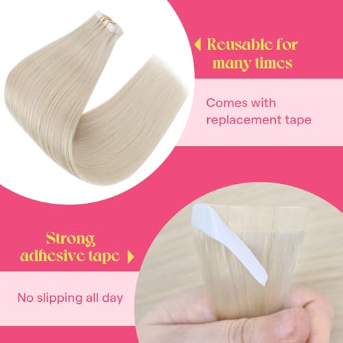 Image of Ve Sunny Hair Tape in Extensions Remy Human Hair Platinum Blonde 20Inch | Remy Human Hair Tape ins,Dimensional Color,20Inch 25g 10Pcs,Adhesive Skin Weft,for Wedding or Party