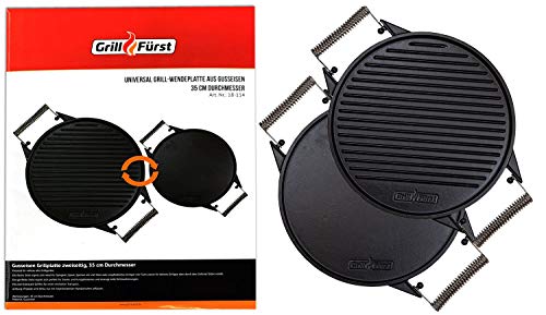 Grillfürst Universal Gusseisenplatte Grill Ø 35 cm - massive Gusseisen Grillplatte mit großen Griffen, Gussplatte beidseitig verwendbar, für Gasgrill u. v. m.