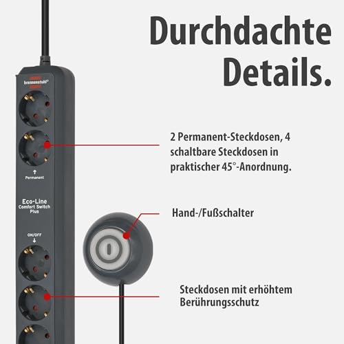 Brennenstuhl Eco-Line Comfort Switch Plus Steckdosenleiste 6-Fach (Mehrfachsteckdose mit 2 permanenten und 4 schaltbaren Steckdosen, beleuchteter Fu&szlig;schalter) anthrazit