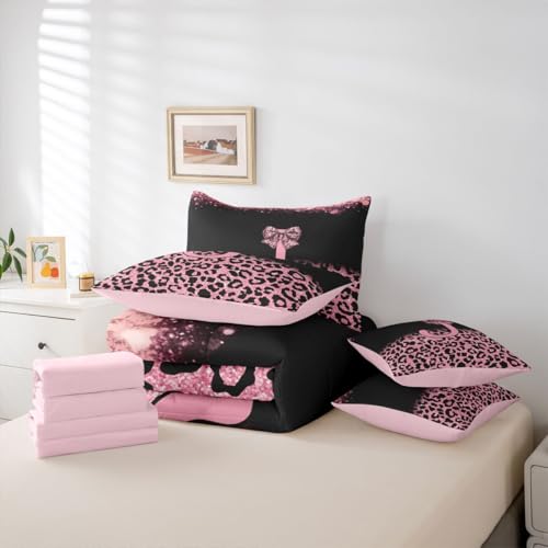 Image of Feelyou Bow Initial Letter J Comforter Set with Sheets 7 Piece Queen Size Glitter Leopard Print Bed in a Bag Kids Boys Girls Girly Bow Bedding Set Bedroom Decor Breathable Soft Lightweight Microfiber