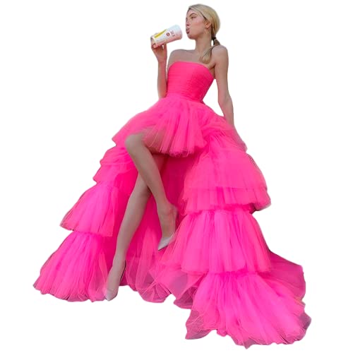Sevintage High Low Tulle Prom Dresses for Women Hot Pink Layered Ruffles Long Formal Dresses Floor Length Tiered Cocktail Gowns US6