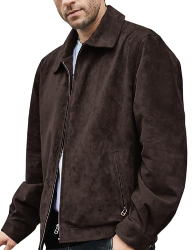 FLAVOR Chaqueta bomber de cuero genuino y ante abrigo casual para hombre (Marrón Oscuro, S)