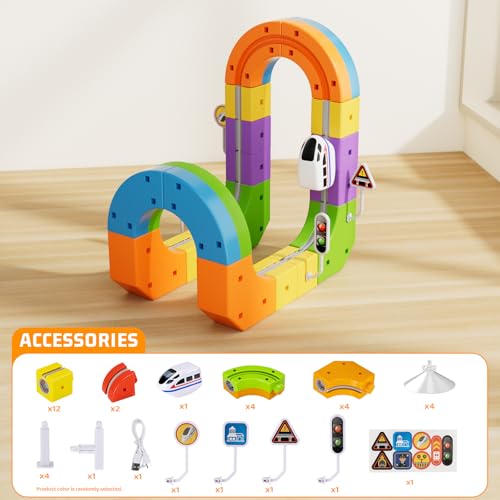 Image of KlickRail Electric Train Set Flexible Race Track for Kids 4 6 7 8, 32 Pcs Car Track for Toddlers 3-5, Building Toy Train Track Gravity-Defying 3D Embedded Layouts & Motorized Car, STEM Learning Gift