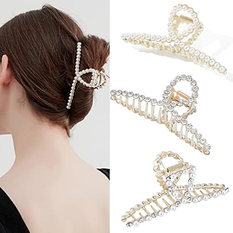 Large Claw Hair Clips For Women - Hair Grips Metal Nonslip Clamps Gold Pearl Clasps Strong Jaw Accessories For Women Thick Hair(Pack Of 3) Cover