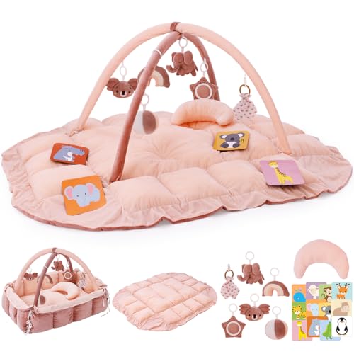5-in-1 Plush Baby Play Gym & Activity Mat, Play Mats, Baby Gym with Convertible Design, Tummy Time Mat with Pillow, 6 Sensory Toys for Newborn to Toddler, Dark Pink