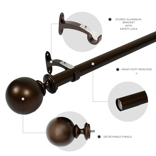 Image of Deco Window 18 inch-44 inch Adjustable Rustproof Curtain Rod for Doors & Windows with Brackets, Extendable Iron Metal Pipe Holder with Ball Wt Ac Bush Finials (Brown,25MM Diameter)