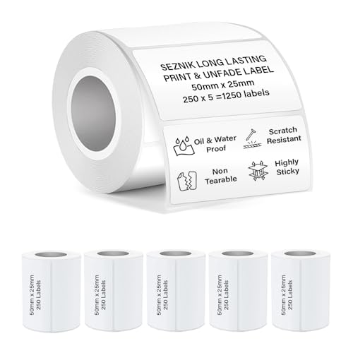 Image of SEZNIK Waterproof, Non-Tearable, Sticky Thermal Lables, Label Roll, 2 inch Adhesive Thermal Labels for Label Printers (50mmx25mm - 1250 Lables), 1250 Labels